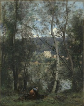 Corot, A Woman Gathering Faggots at Ville-d'Avray, ca. 1871–74. Silvery landscape with trees framing a distant house.