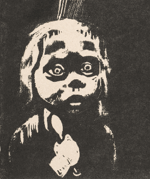 Kollwitz, Proletariat: Out of Work, 1909. Woodcut alternating between original and markup showing visual hierarchy through tonal contrast across three figures.