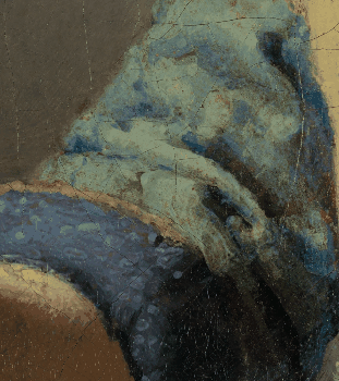 Vermeer, The Milkmaid, c. 1658–61. Alternating between the full painting and a detail of the ultramarine glazing technique on the blue apron.