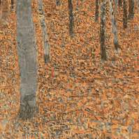 Klimt, Beech Grove I, 1902. Alternating between the painting and markup showing uniform texture structure across trees, foliage, and ground.
