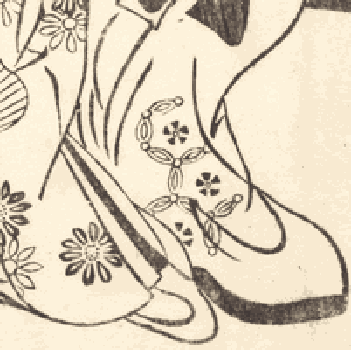 Moronobu, One Hundred Japanese Women, Edo period. Woodblock print alternating between original and markup showing kimono shapes doubling and mirroring each other.