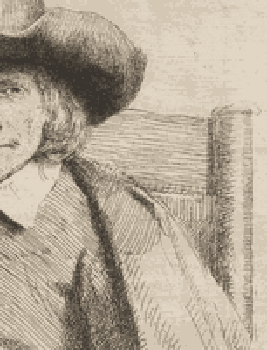 Rembrandt, Clement de Jonghe, Printseller, 1651. Etching alternating between original and markup showing hatching that follows surface contours of hat and clothing.