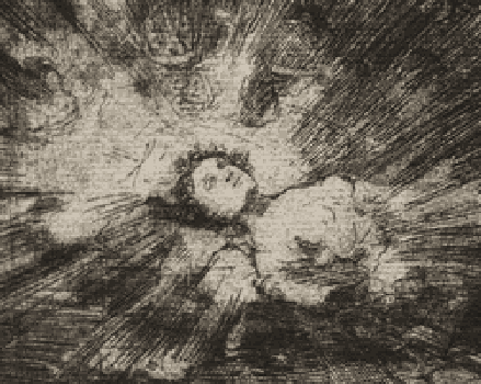Goya, The Horrors of War: Will She Rise Again?, etching. Alternating between original and markup showing dramatic mood through deep tonal contrast and symbolic illumination.
